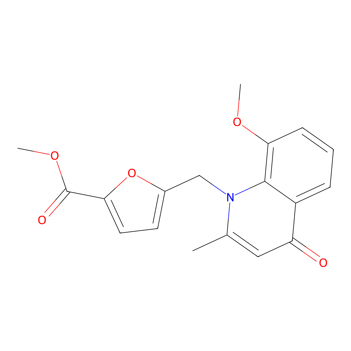 Methyl 5-((8-methoxy-2-methyl-4-oxoquinolin-1(4H)-yl)methyl)furan-2-carboxylate molecular structure, CAS 1216643-46-7