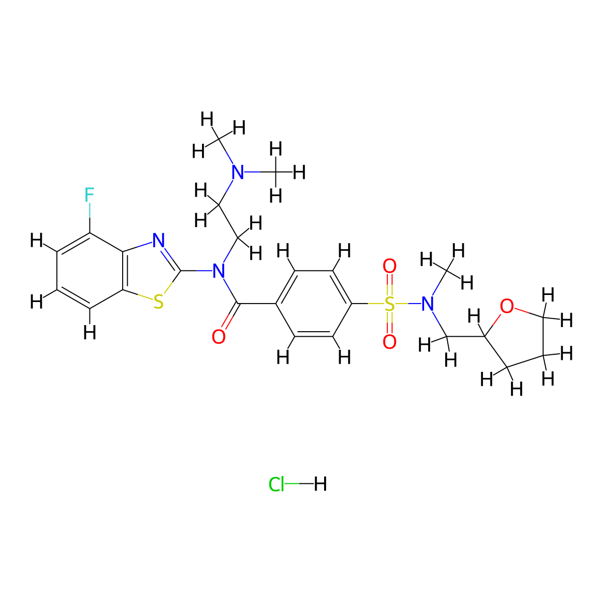 N-(2-(dimethylamino)ethyl)-N-(4-fluorobenzo[d]thiazol-2-yl)-4-(N-methyl-N-((tetrahydrofuran-2-yl)methyl)sulfamoyl)benzamide hydrochloride molecular structure, CAS 1216647-27-6
