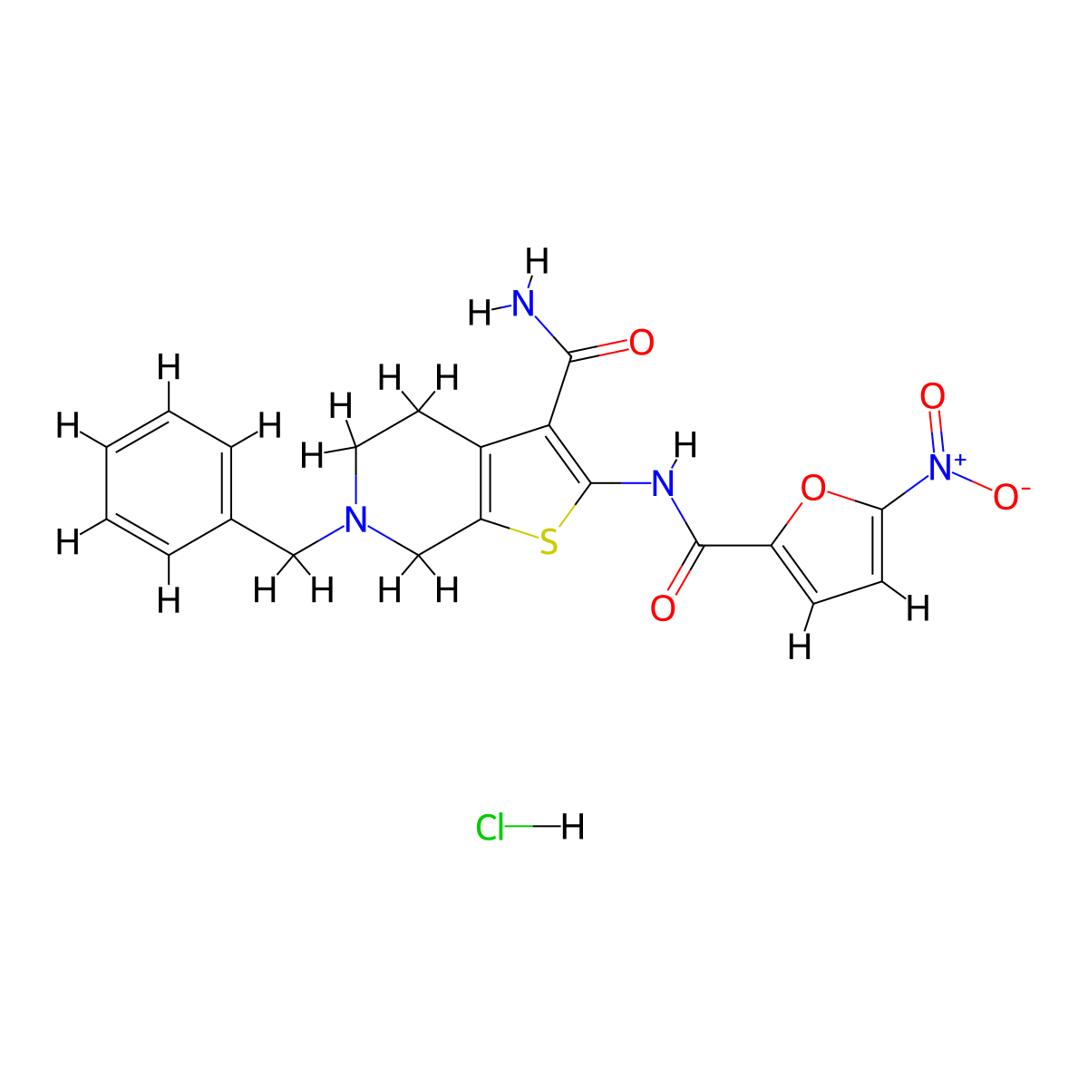 6-Benzyl-2-(5-nitrofuran-2-carboxamido)-4,5,6,7-tetrahydrothieno[2,3-c]pyridine-3-carboxamide hydrochloride molecular structure, CAS 1216647-68-5