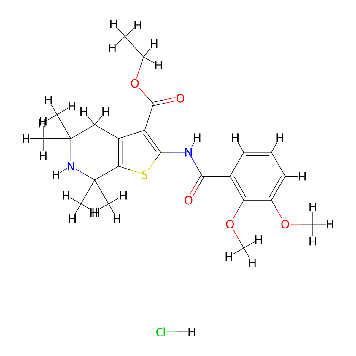 Ethyl 2-(2,3-dimethoxybenzamido)-5,5,7,7-tetramethyl-4,5,6,7-tetrahydrothieno[2,3-c]pyridine-3-carboxylate hydrochloride molecular structure, CAS 1216647-74-3