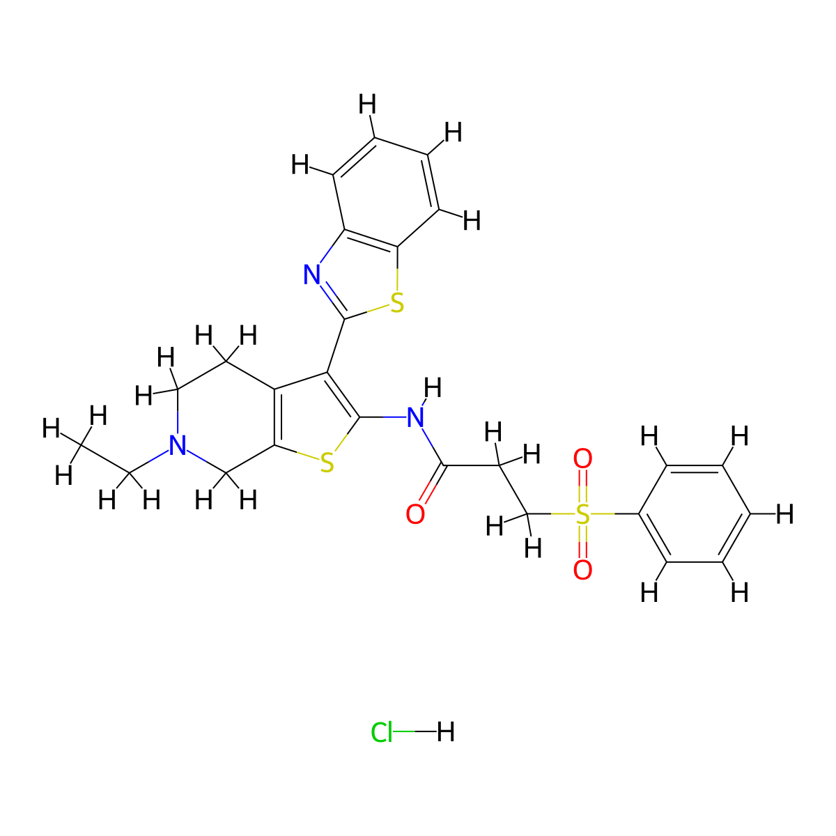 3-(benzenesulfonyl)-N-[3-(1,3-benzothiazol-2-yl)-6-ethyl-4H,5H,6H,7H-thieno[2,3-c]pyridin-2-yl]propanamide hydrochloride molecular structure, CAS 1216652-04-8