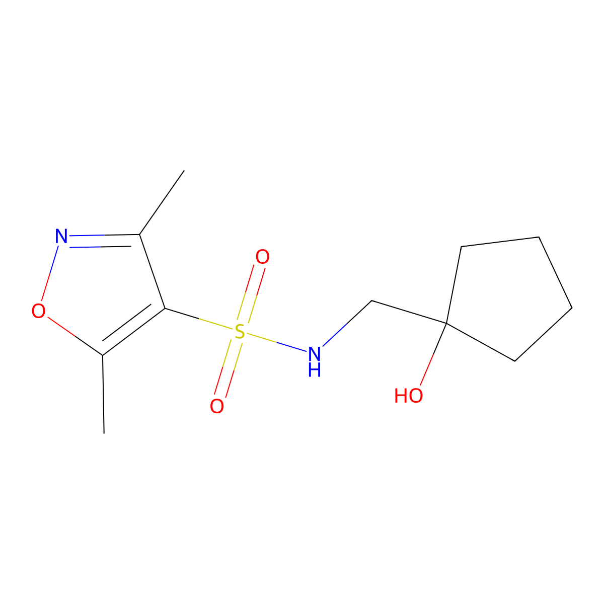 N-((1-hydroxycyclopentyl)methyl)-3,5-dimethylisoxazole-4-sulfonamide molecular structure, CAS 1216657-40-7
