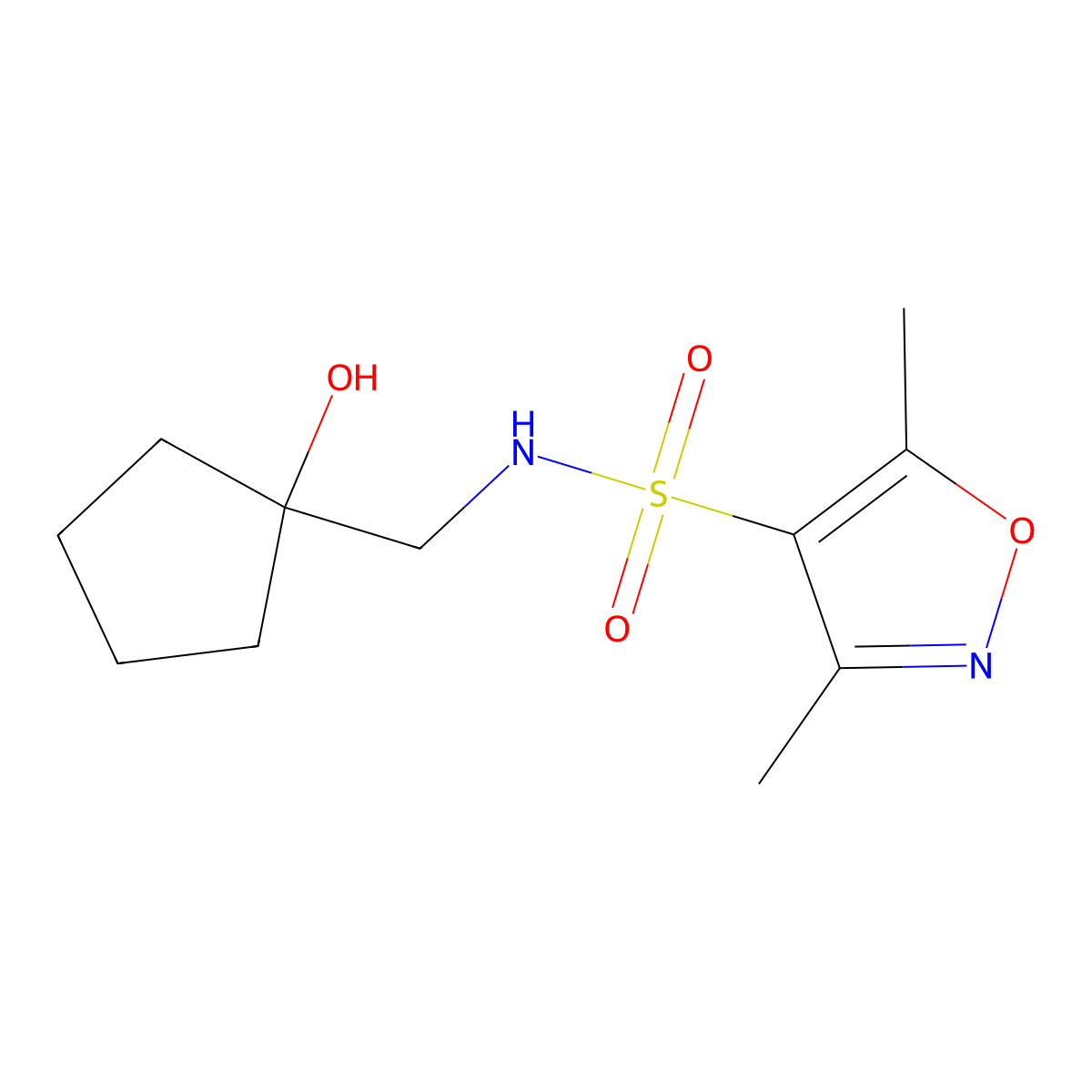 N-((1-hydroxycyclopentyl)methyl)-3,5-dimethylisoxazole-4-sulfonamide molecular structure, CAS 1216657-40-7