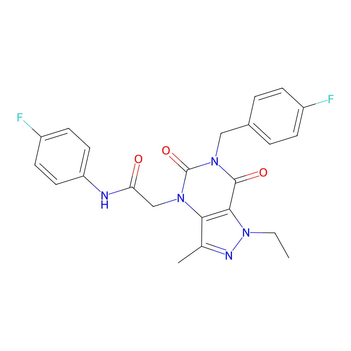 2-(1-ethyl-6-(4-fluorobenzyl)-3-methyl-5,7-dioxo-6,7-dihydro-1H-pyrazolo[4,3-d]pyrimidin-4(5H)-yl)-N-(4-fluorophenyl)acetamide molecular structure, CAS 1216659-53-8