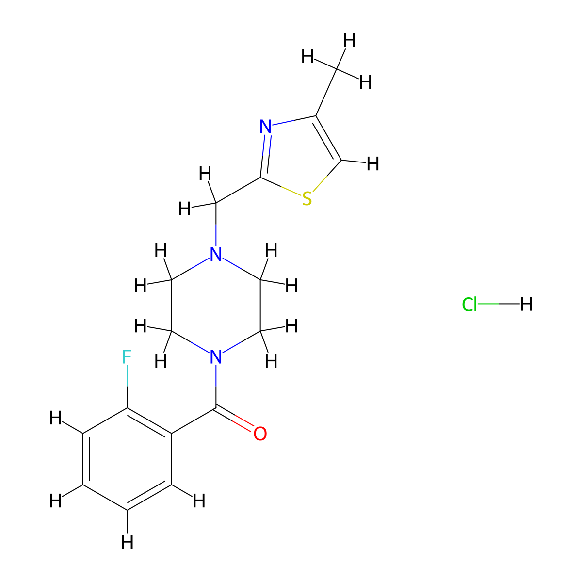 (2-Fluorophenyl)(4-((4-methylthiazol-2-yl)methyl)piperazin-1-yl)methanone hydrochloride molecular structure, CAS 1216661-47-0