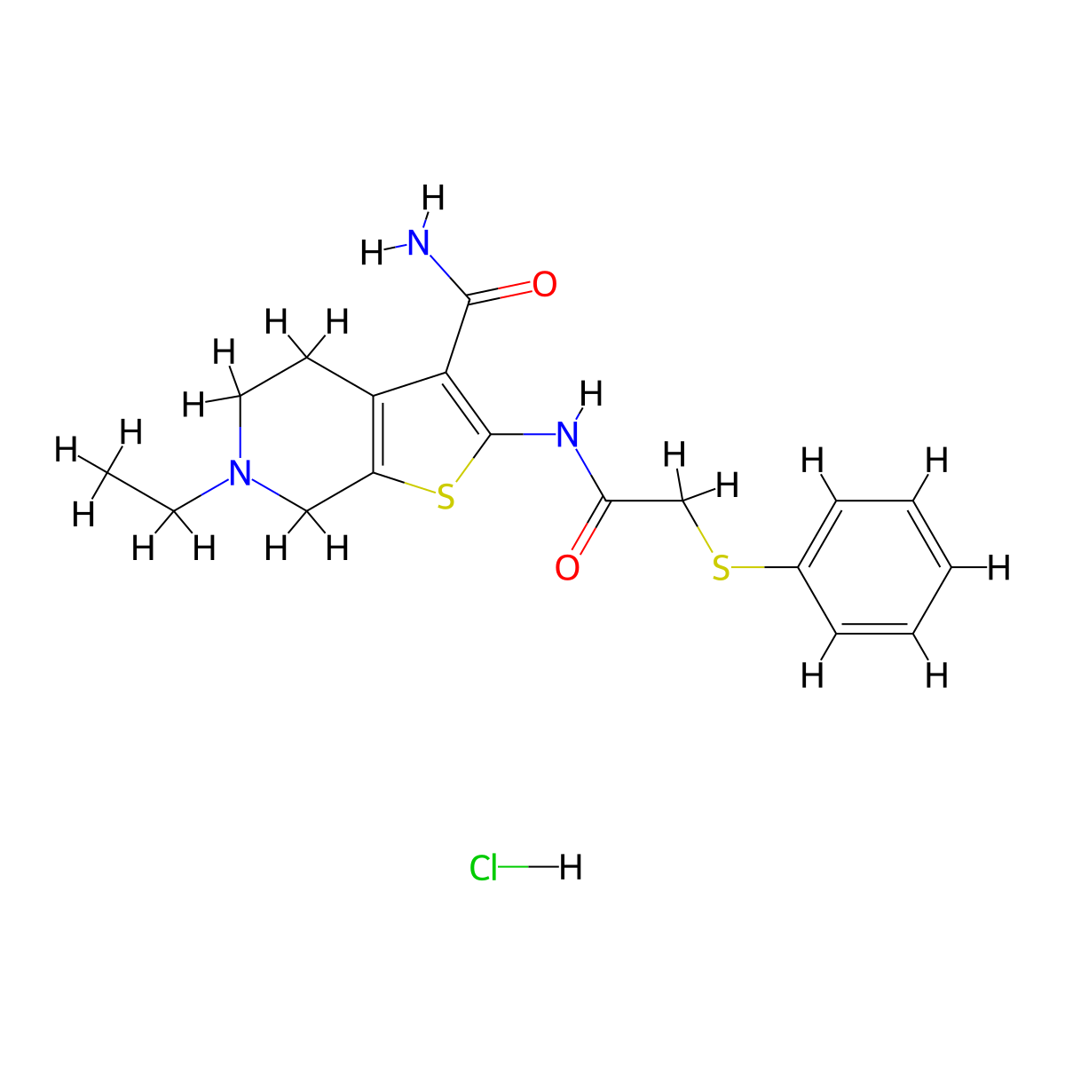 6-Ethyl-2-(2-(phenylthio)acetamido)-4,5,6,7-tetrahydrothieno[2,3-c]pyridine-3-carboxamide hydrochloride molecular structure, CAS 1216662-97-3