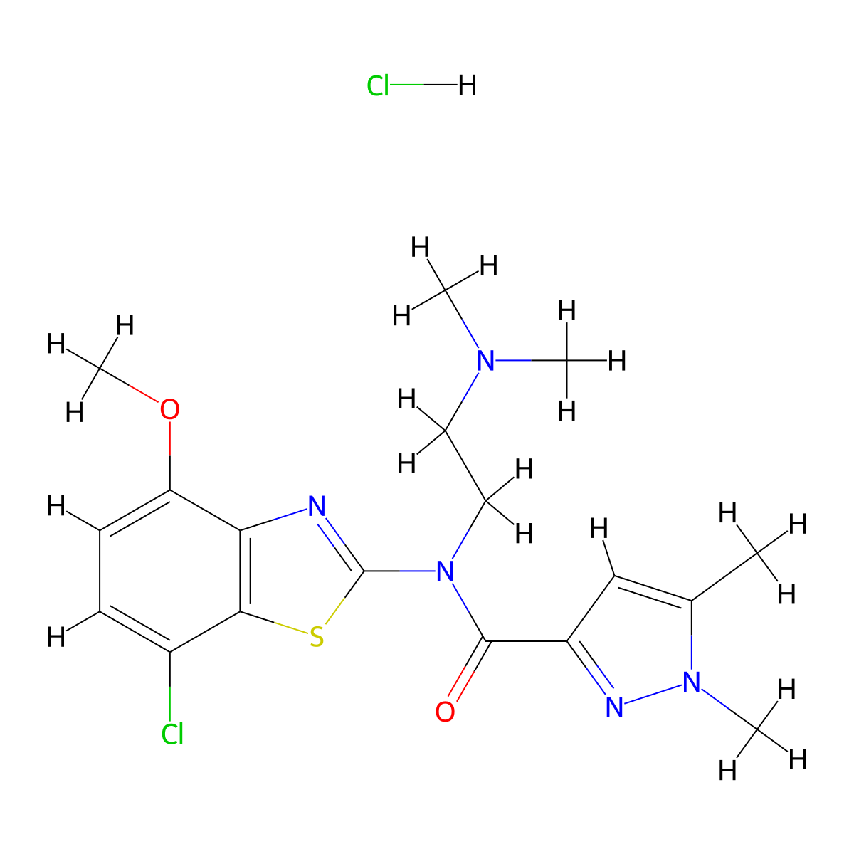 N-(7-chloro-4-methoxybenzo[d]thiazol-2-yl)-N-(2-(dimethylamino)ethyl)-1,5-dimethyl-1H-pyrazole-3-carboxamide hydrochloride molecular structure, CAS 1216663-04-5