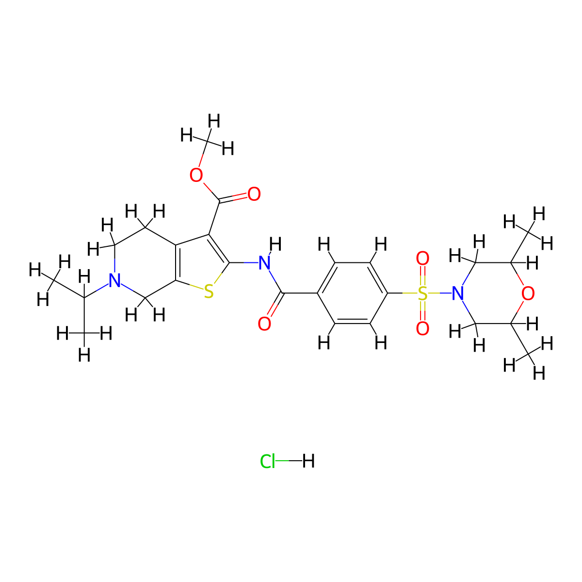 Methyl 2-(4-((2,6-dimethylmorpholino)sulfonyl)benzamido)-6-isopropyl-4,5,6,7-tetrahydrothieno[2,3-c]pyridine-3-carboxylate hydrochloride molecular structure, CAS 1216663-87-4