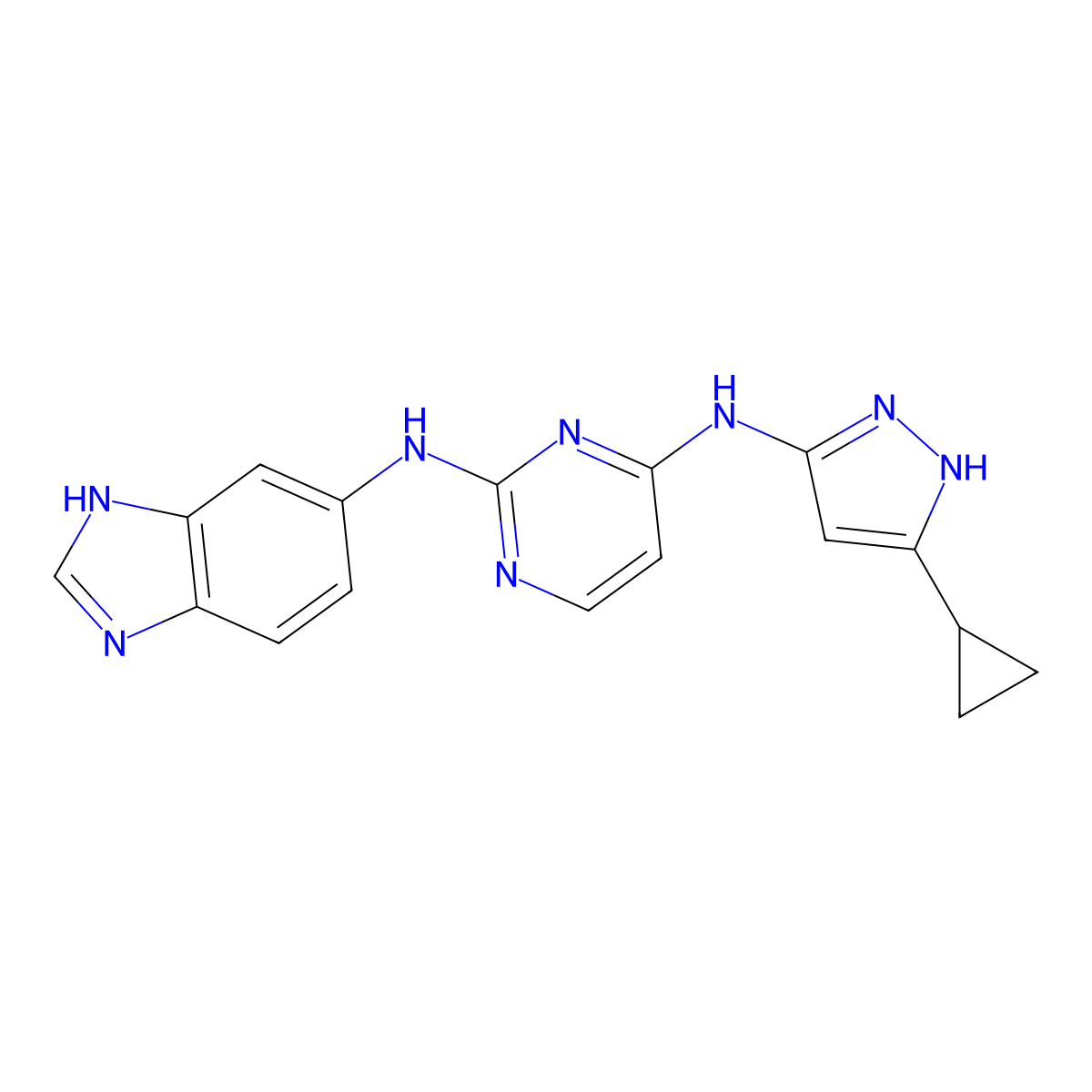 N~2~-1H-benzimidazol-5-yl-N~4~-(3-cyclopropyl-1H-pyrazol-5-yl)pyrimidine-2,4-diamine molecular structure, CAS 1216665-49-4