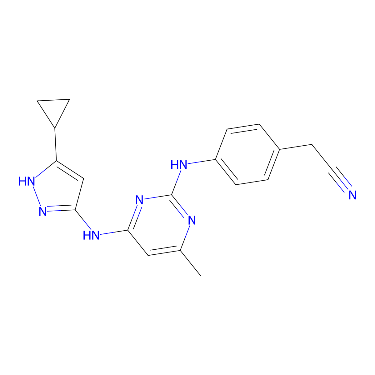 2-(4-((4-((5-Cyclopropyl-1H-pyrazol-3-yl)amino)-6-methylpyrimidin-2-yl)amino)phenyl)acetonitrile molecular structure, CAS 1216665-50-7
