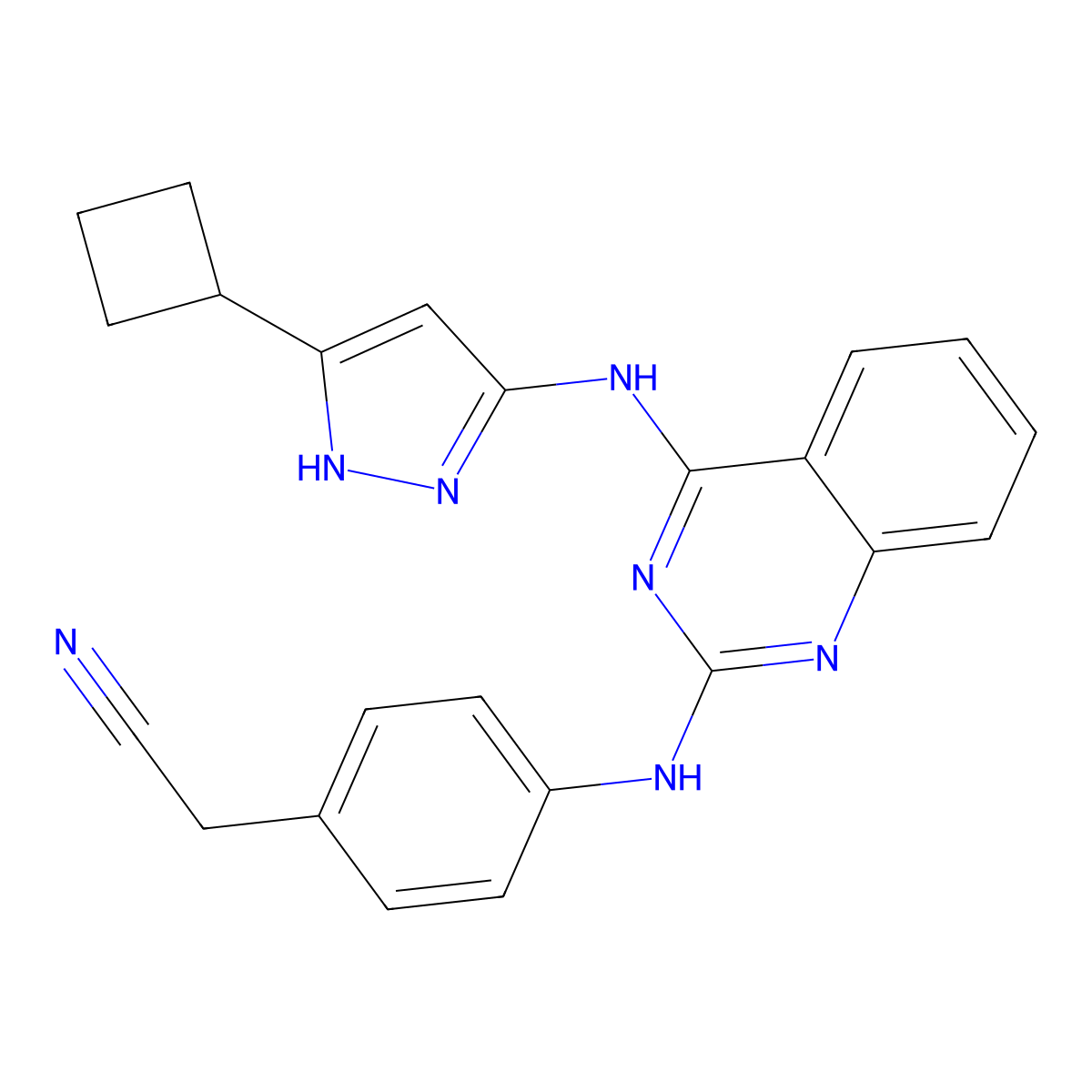 2-(4-((4-((5-Cyclobutyl-1H-pyrazol-3-yl)amino)quinazolin-2-yl)amino)phenyl)acetonitrile molecular structure, CAS 1216665-58-5
