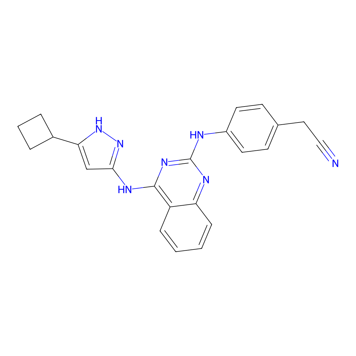 2-(4-((4-((5-Cyclobutyl-1H-pyrazol-3-yl)amino)quinazolin-2-yl)amino)phenyl)acetonitrile molecular structure, CAS 1216665-58-5