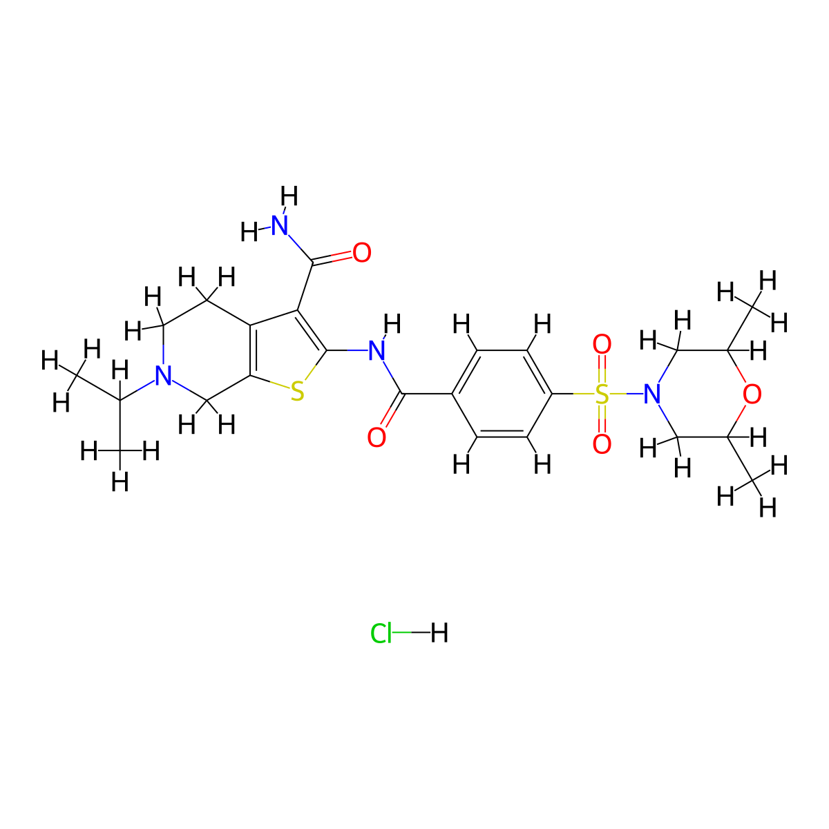 2-(4-((2,6-Dimethylmorpholino)sulfonyl)benzamido)-6-isopropyl-4,5,6,7-tetrahydrothieno[2,3-c]pyridine-3-carboxamide hydrochloride molecular structure, CAS 1216668-29-9