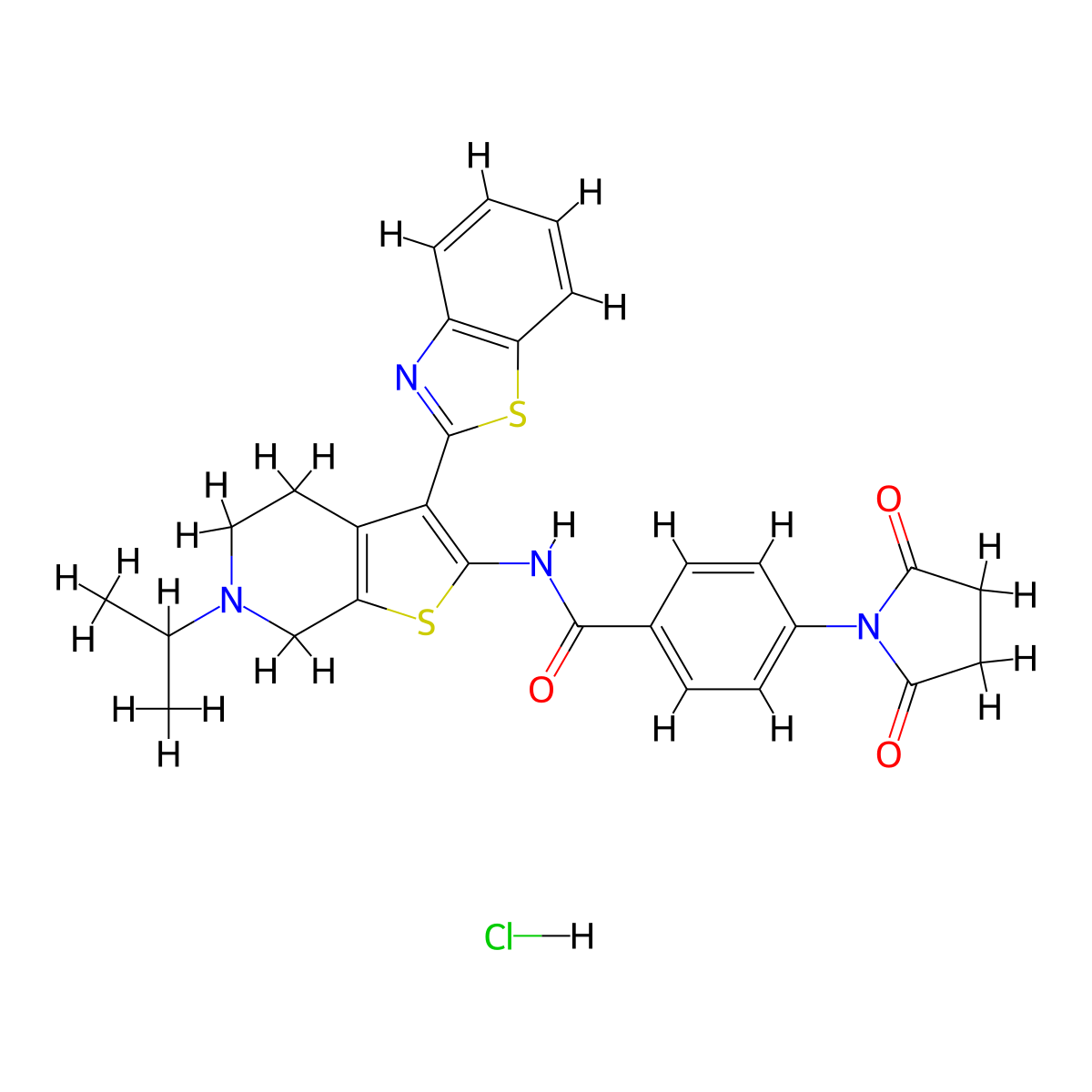 N-(3-(benzo[d]thiazol-2-yl)-6-isopropyl-4,5,6,7-tetrahydrothieno[2,3-c]pyridin-2-yl)-4-(2,5-dioxopyrrolidin-1-yl)benzamide hydrochloride molecular structure, CAS 1216670-50-6