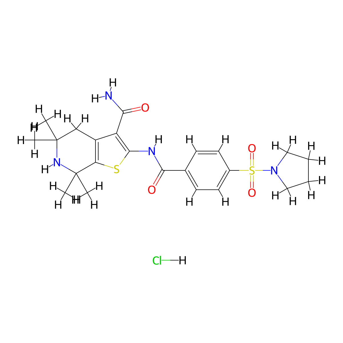 5,5,7,7-Tetramethyl-2-(4-(pyrrolidin-1-ylsulfonyl)benzamido)-4,5,6,7-tetrahydrothieno[2,3-c]pyridine-3-carboxamide hydrochloride molecular structure, CAS 1216672-67-1