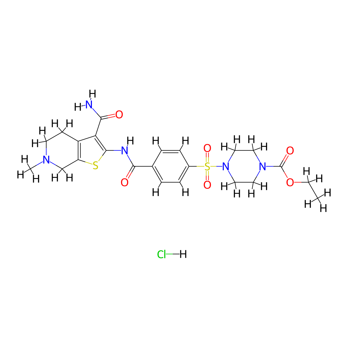 Ethyl 4-((4-((3-carbamoyl-6-methyl-4,5,6,7-tetrahydrothieno[2,3-c]pyridin-2-yl)carbamoyl)phenyl)sulfonyl)piperazine-1-carboxylate hydrochloride molecular structure, CAS 1216675-95-4