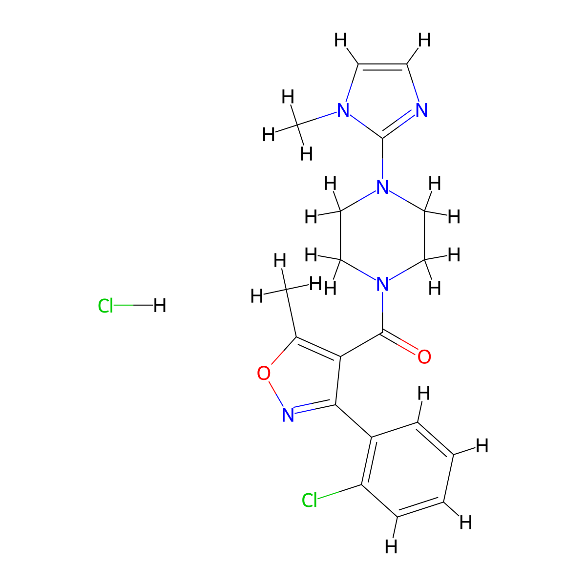 (3-(2-chlorophenyl)-5-methylisoxazol-4-yl)(4-(1-methyl-1H-imidazol-2-yl)piperazin-1-yl)methanone hydrochloride molecular structure, CAS 1216678-13-5