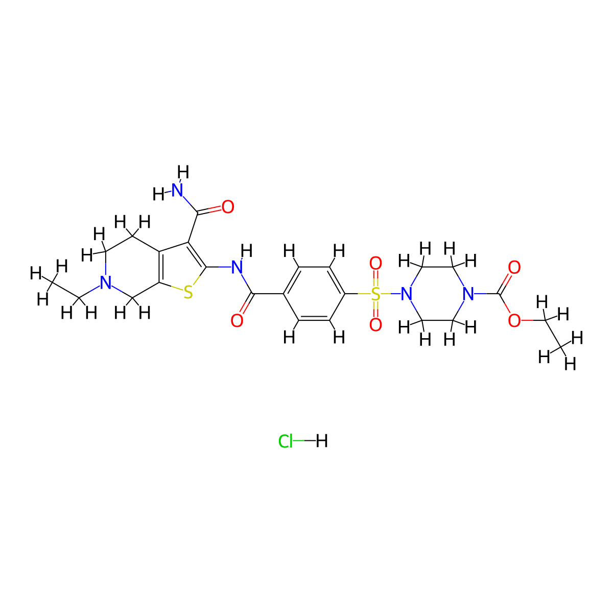 Ethyl 4-((4-((3-carbamoyl-6-ethyl-4,5,6,7-tetrahydrothieno[2,3-c]pyridin-2-yl)carbamoyl)phenyl)sulfonyl)piperazine-1-carboxylate hydrochloride molecular structure, CAS 1216680-77-1