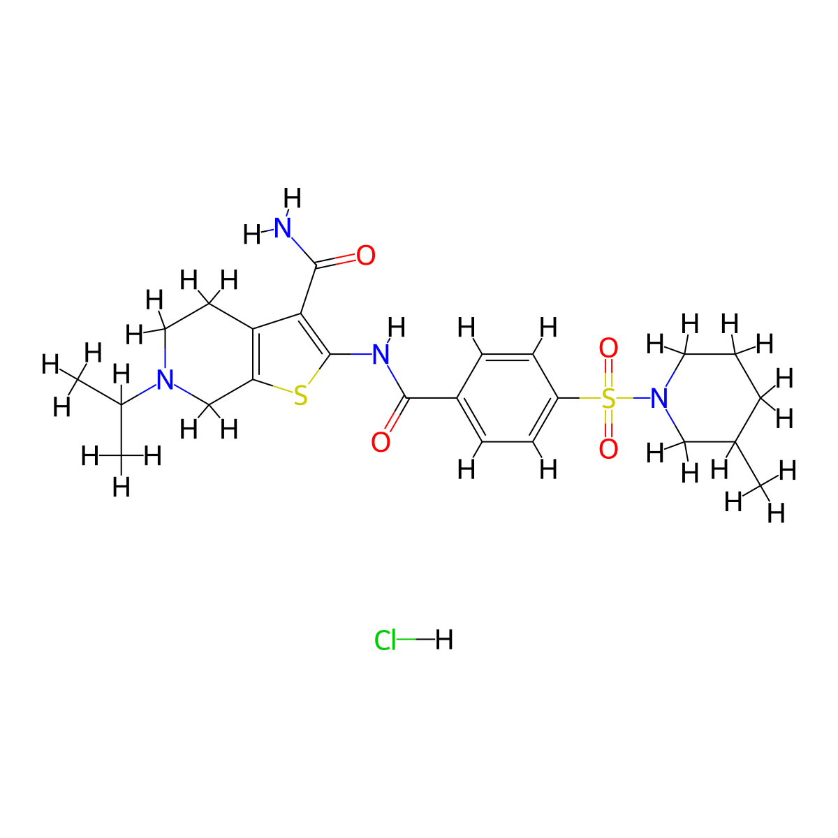 6-Isopropyl-2-(4-((3-methylpiperidin-1-yl)sulfonyl)benzamido)-4,5,6,7-tetrahydrothieno[2,3-c]pyridine-3-carboxamide hydrochloride molecular structure, CAS 1216690-23-1