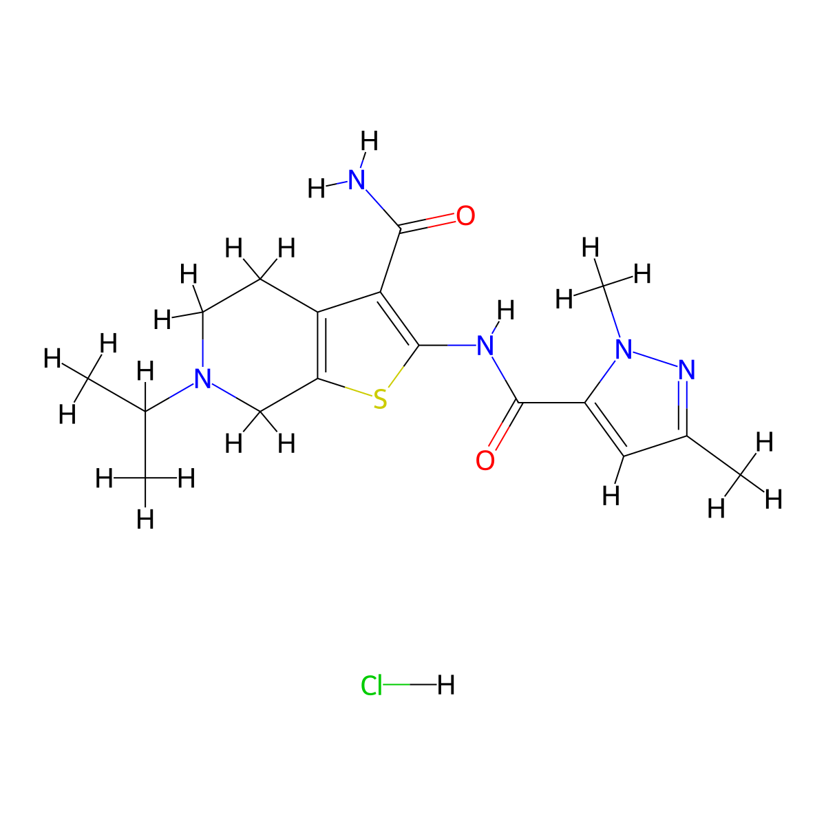 2-(1,3-dimethyl-1H-pyrazole-5-carboxamido)-6-isopropyl-4,5,6,7-tetrahydrothieno[2,3-c]pyridine-3-carboxamide hydrochloride molecular structure, CAS 1216692-85-1