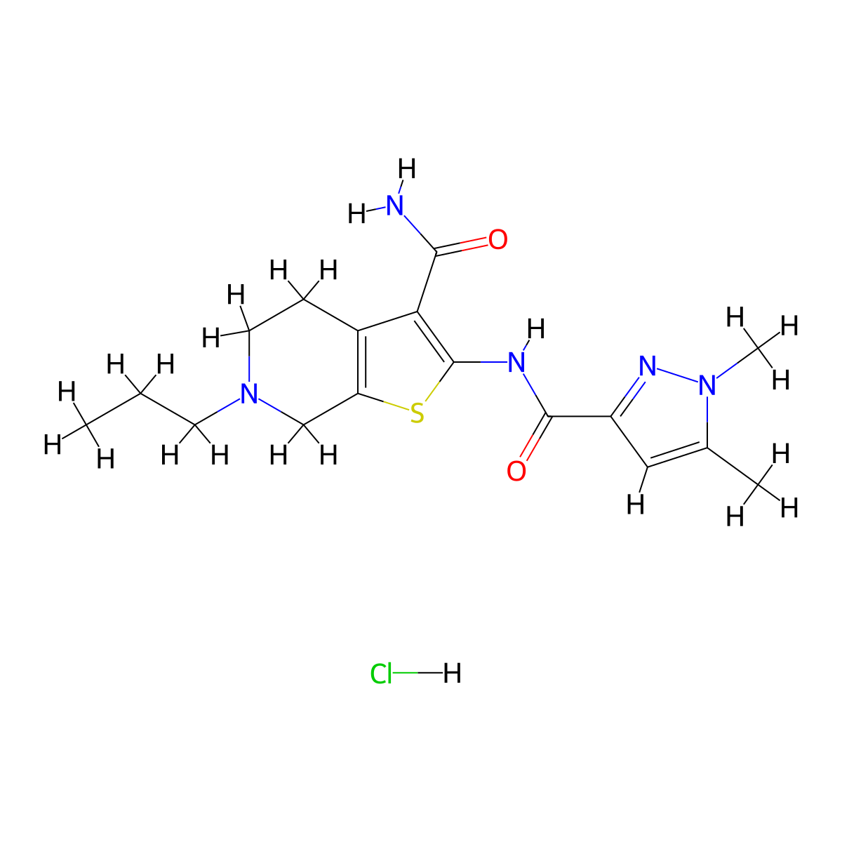 2-(1,5-dimethyl-1H-pyrazole-3-carboxamido)-6-propyl-4,5,6,7-tetrahydrothieno[2,3-c]pyridine-3-carboxamide hydrochloride molecular structure, CAS 1216693-56-9