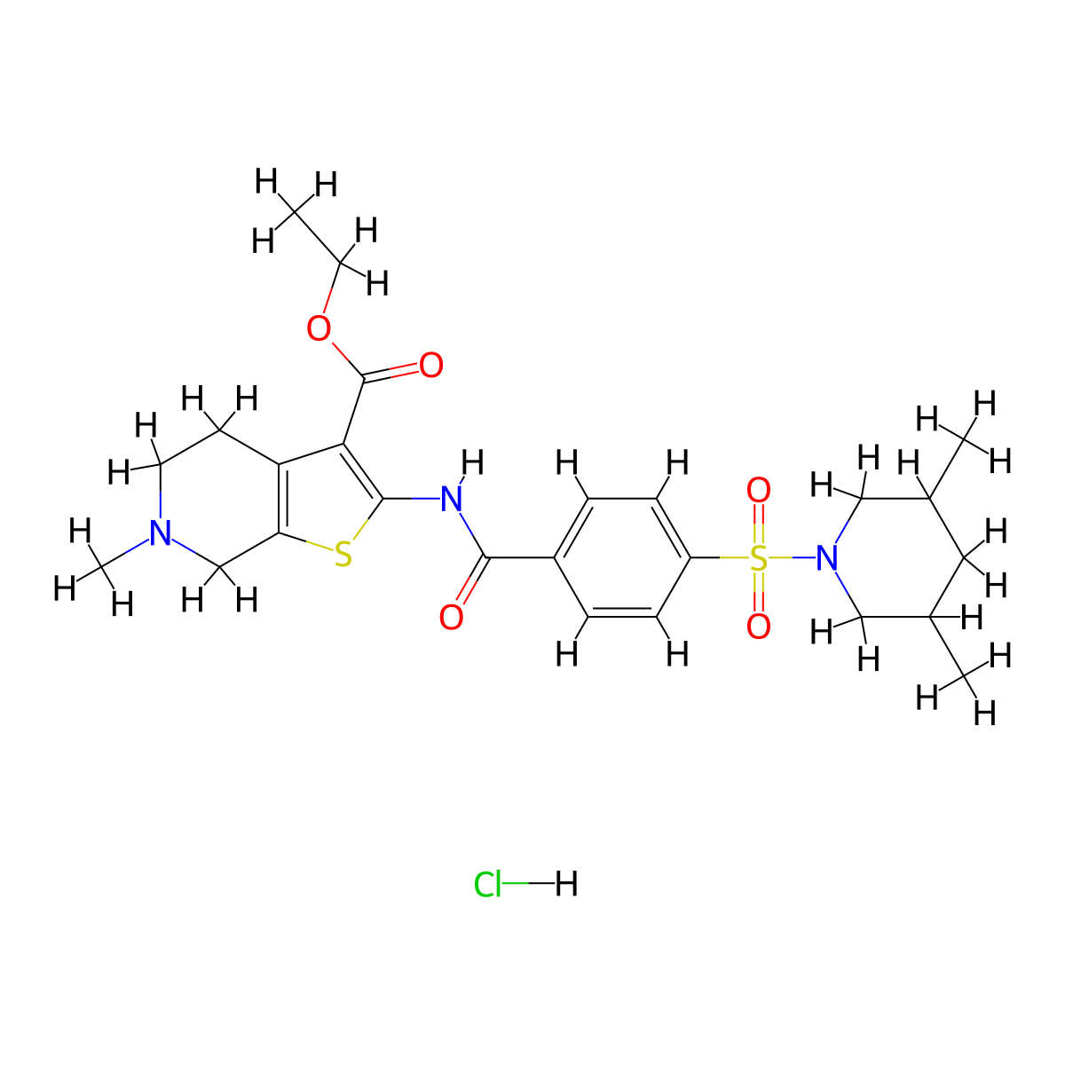 Ethyl 2-(4-((3,5-dimethylpiperidin-1-yl)sulfonyl)benzamido)-6-methyl-4,5,6,7-tetrahydrothieno[2,3-c]pyridine-3-carboxylate hydrochloride molecular structure, CAS 1216700-09-2