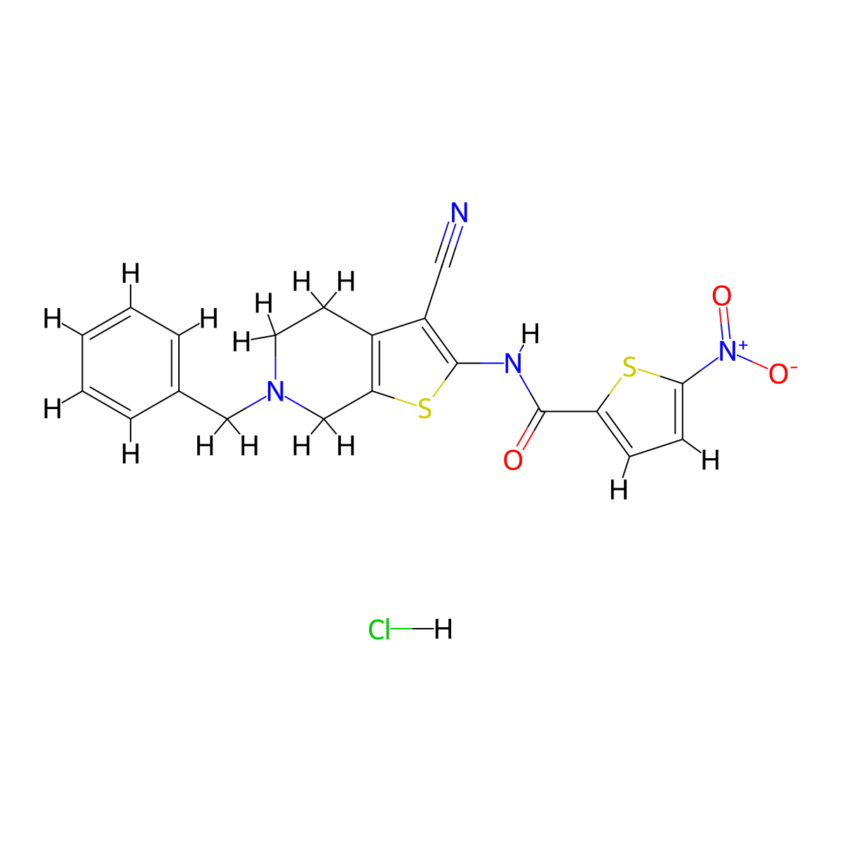 N-(6-benzyl-3-cyano-4,5,6,7-tetrahydrothieno[2,3-c]pyridin-2-yl)-5-nitrothiophene-2-carboxamide hydrochloride molecular structure, CAS 1216704-47-0