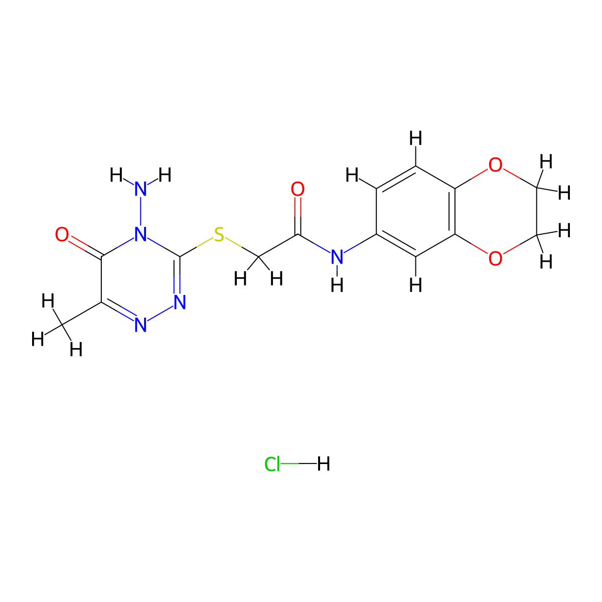 2-((4-amino-6-methyl-5-oxo-4,5-dihydro-1,2,4-triazin-3-yl)thio)-N-(2,3-dihydrobenzo[b][1,4]dioxin-6-yl)acetamide hydrochloride molecular structure, CAS 1216713-56-2