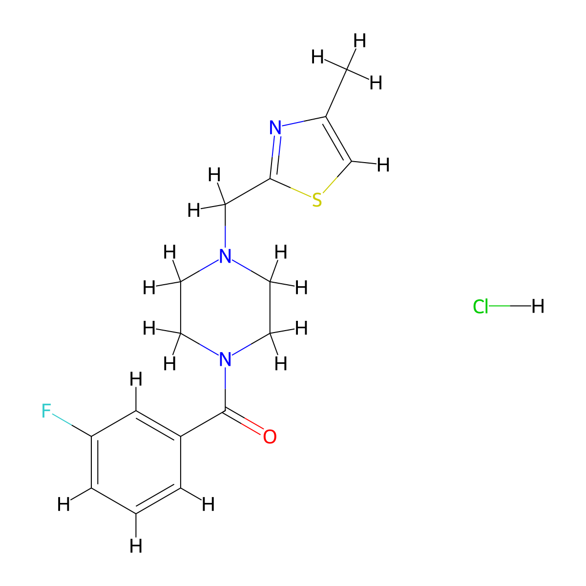 (3-Fluorophenyl)(4-((4-methylthiazol-2-yl)methyl)piperazin-1-yl)methanone hydrochloride molecular structure, CAS 1216718-30-7