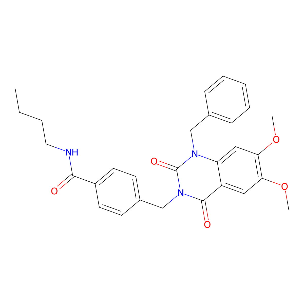 4-((1-benzyl-6,7-dimethoxy-2,4-dioxo-1,2-dihydroquinazolin-3(4H)-yl)methyl)-N-butylbenzamide molecular structure, CAS 1216720-46-5
