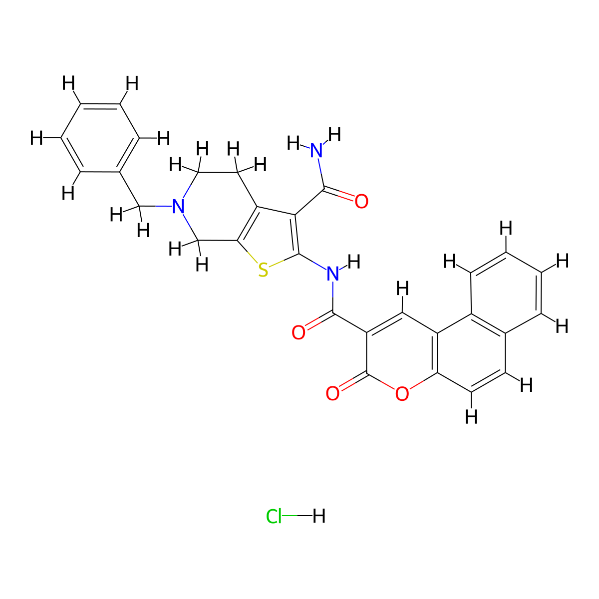 6-benzyl-2-(3-oxo-3H-benzo[f]chromene-2-carboxamido)-4,5,6,7-tetrahydrothieno[2,3-c]pyridine-3-carboxamide hydrochloride molecular structure, CAS 1216720-97-6