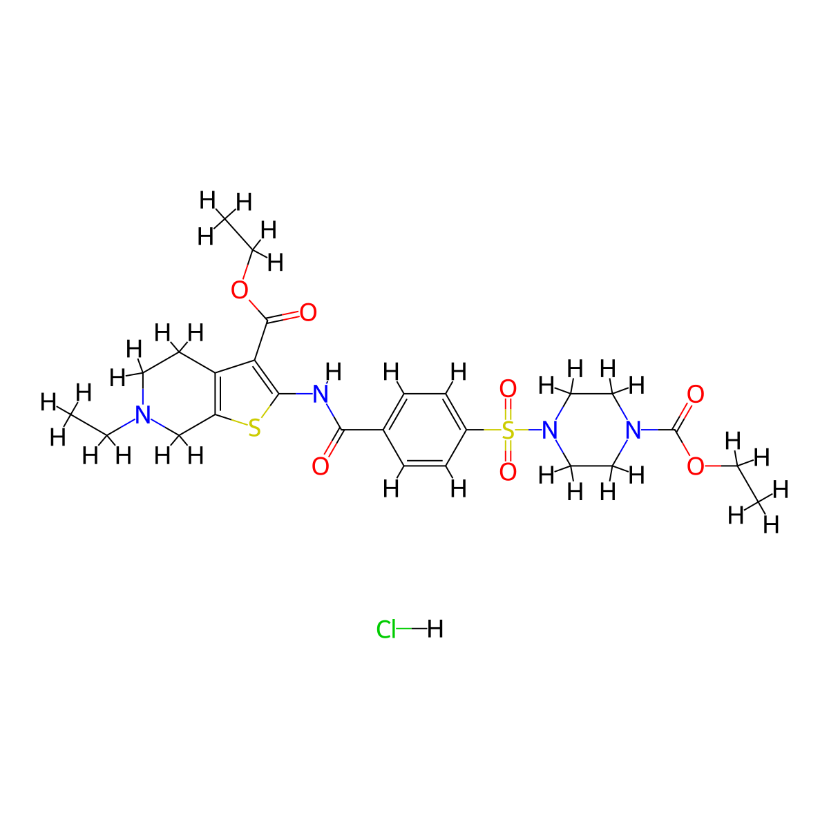 Ethyl 2-(4-((4-(ethoxycarbonyl)piperazin-1-yl)sulfonyl)benzamido)-6-ethyl-4,5,6,7-tetrahydrothieno[2,3-c]pyridine-3-carboxylate hydrochloride molecular structure, CAS 1216723-31-7
