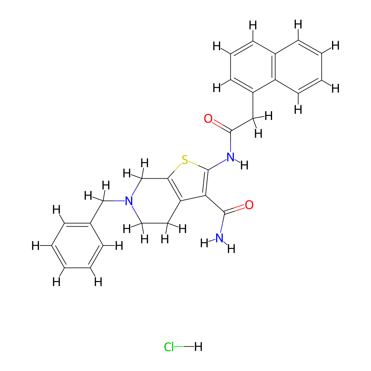 6-Benzyl-2-(2-(naphthalen-1-yl)acetamido)-4,5,6,7-tetrahydrothieno[2,3-c]pyridine-3-carboxamide hydrochloride molecular structure, CAS 1216723-84-0