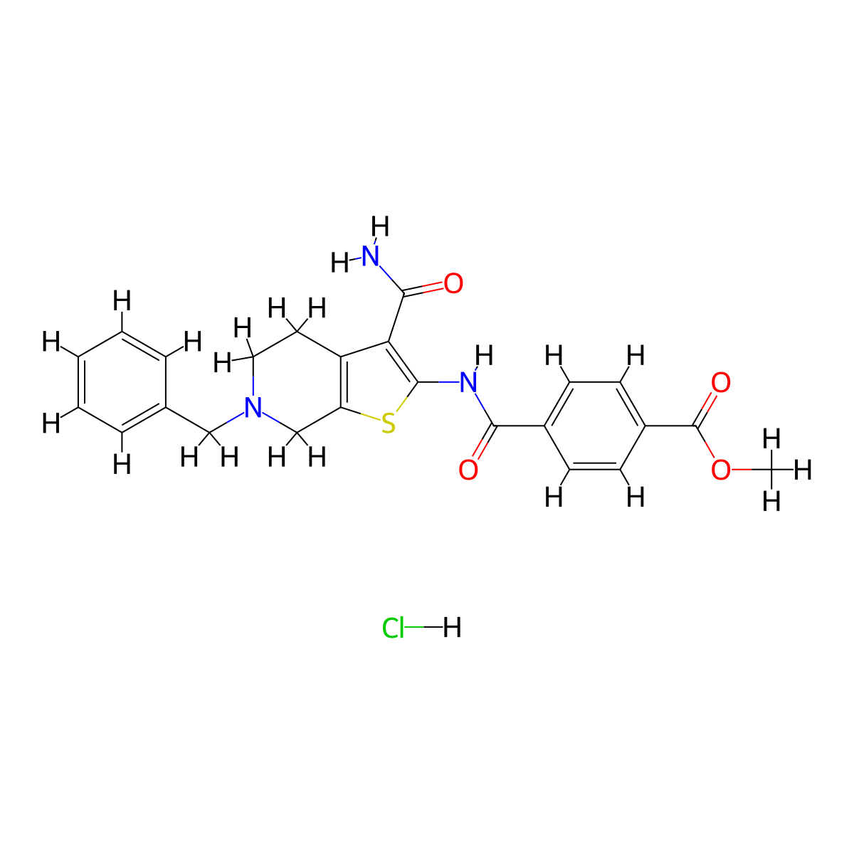 Methyl 4-((6-benzyl-3-carbamoyl-4,5,6,7-tetrahydrothieno[2,3-c]pyridin-2-yl)carbamoyl)benzoate hydrochloride molecular structure, CAS 1216724-53-6