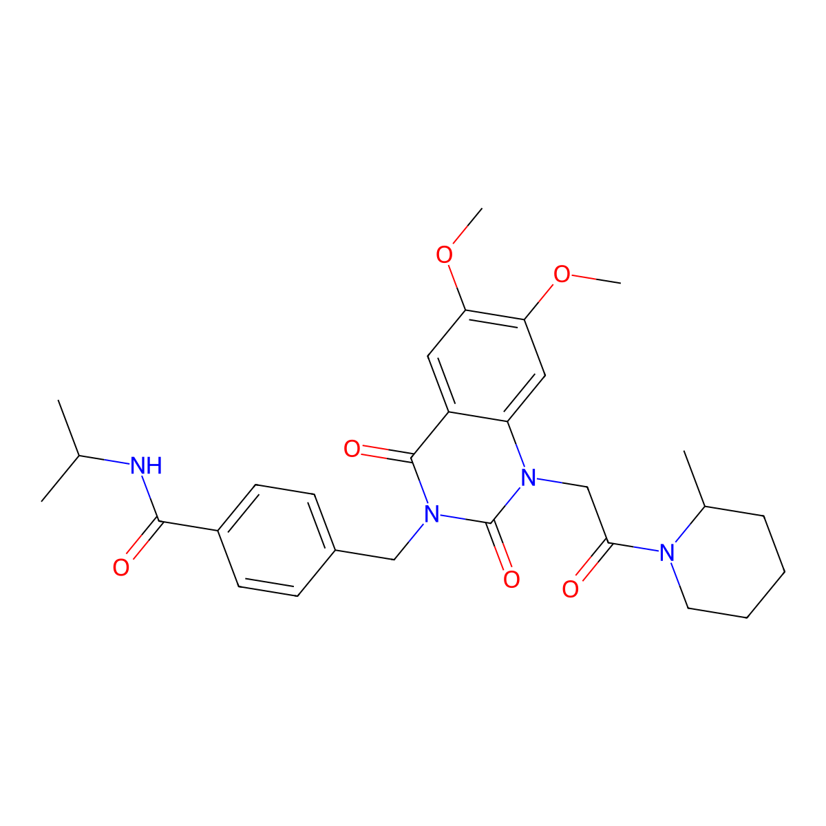 4-((6,7-dimethoxy-1-(2-(2-methylpiperidin-1-yl)-2-oxoethyl)-2,4-dioxo-1,2-dihydroquinazolin-3(4H)-yl)methyl)-N-isopropylbenzamide molecular structure, CAS 1216724-75-2