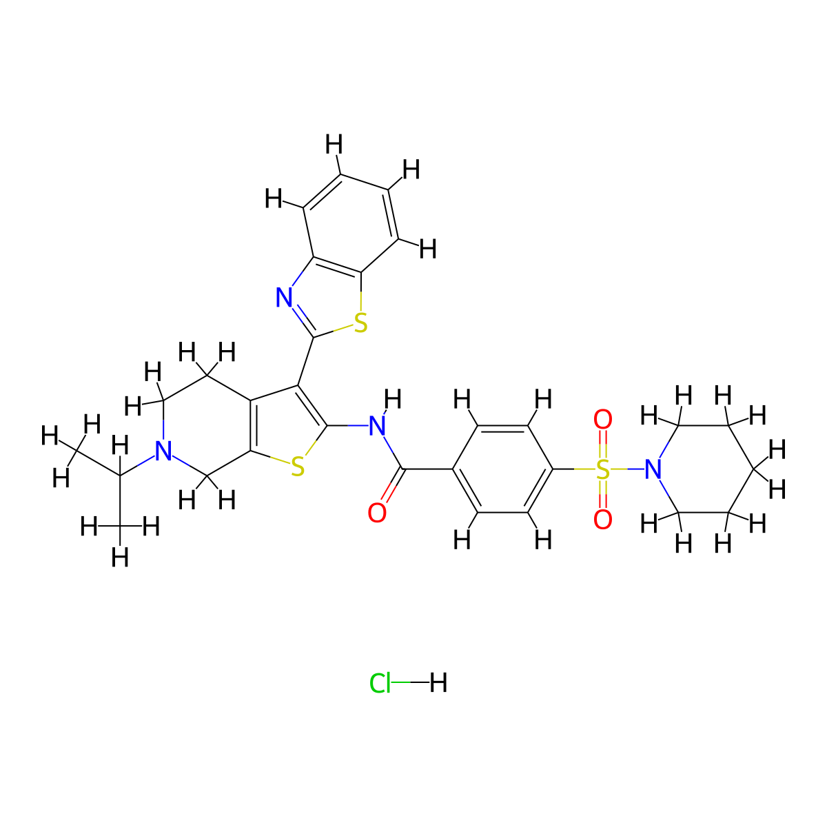 N-(3-(benzo[d]thiazol-2-yl)-6-isopropyl-4,5,6,7-tetrahydrothieno[2,3-c]pyridin-2-yl)-4-(piperidin-1-ylsulfonyl)benzamide hydrochloride molecular structure, CAS 1216728-24-3