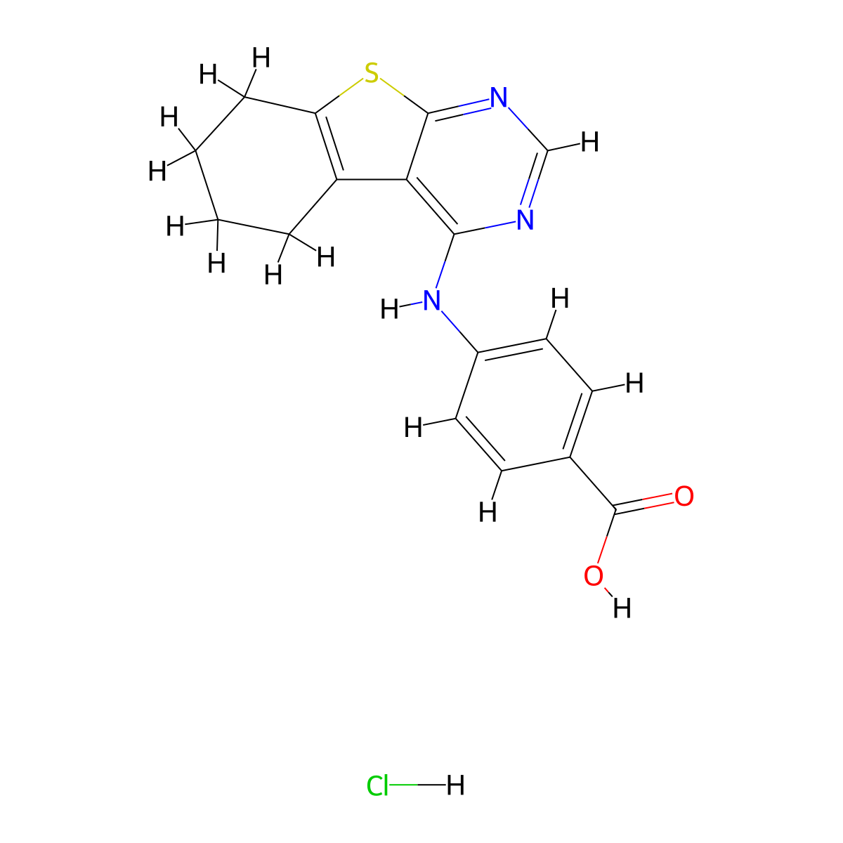 4-((5,6,7,8-Tetrahydrobenzo[4,5]thieno[2,3-d]pyrimidin-4-yl)amino)benzoic acid hydrochloride molecular structure, CAS 1216729-67-7