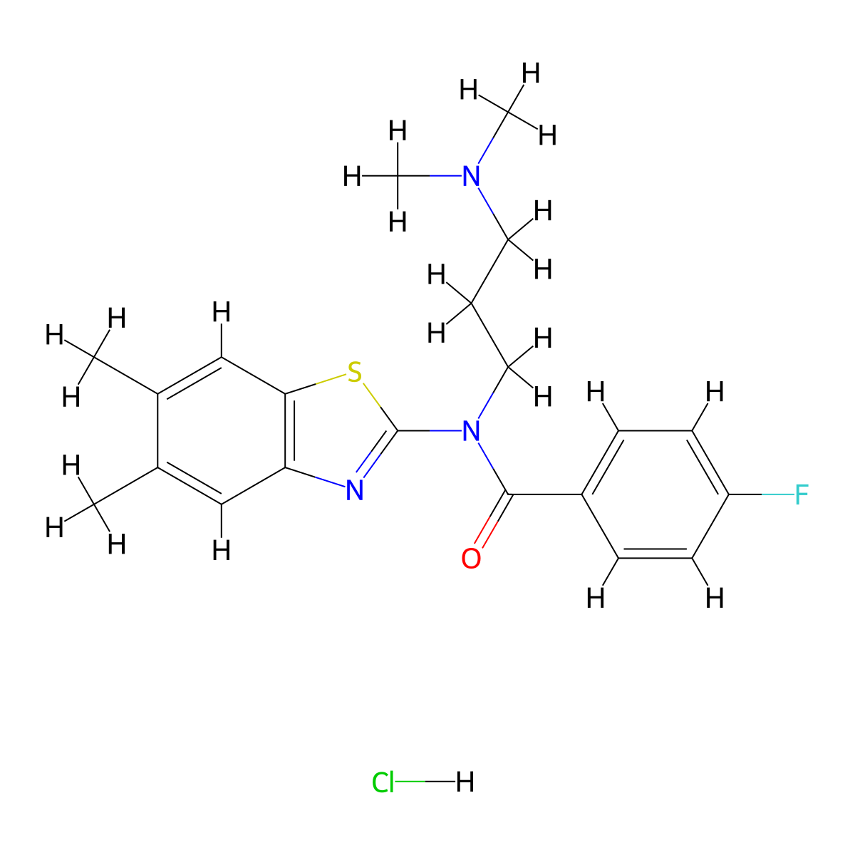 N-(3-(dimethylamino)propyl)-N-(5,6-dimethylbenzo[d]thiazol-2-yl)-4-fluorobenzamide hydrochloride molecular structure, CAS 1216731-71-3