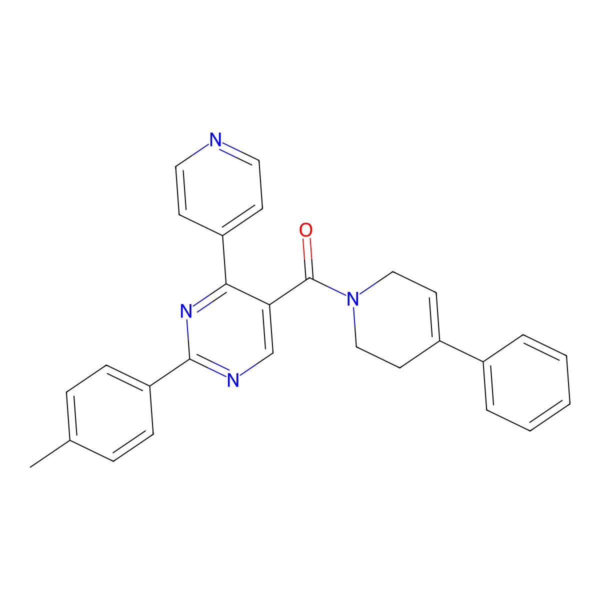 (4-phenyl-5,6-dihydropyridin-1(2H)-yl)(4-(pyridin-4-yl)-2-(p-tolyl)pyrimidin-5-yl)methanone molecular structure, CAS 1216737-30-2