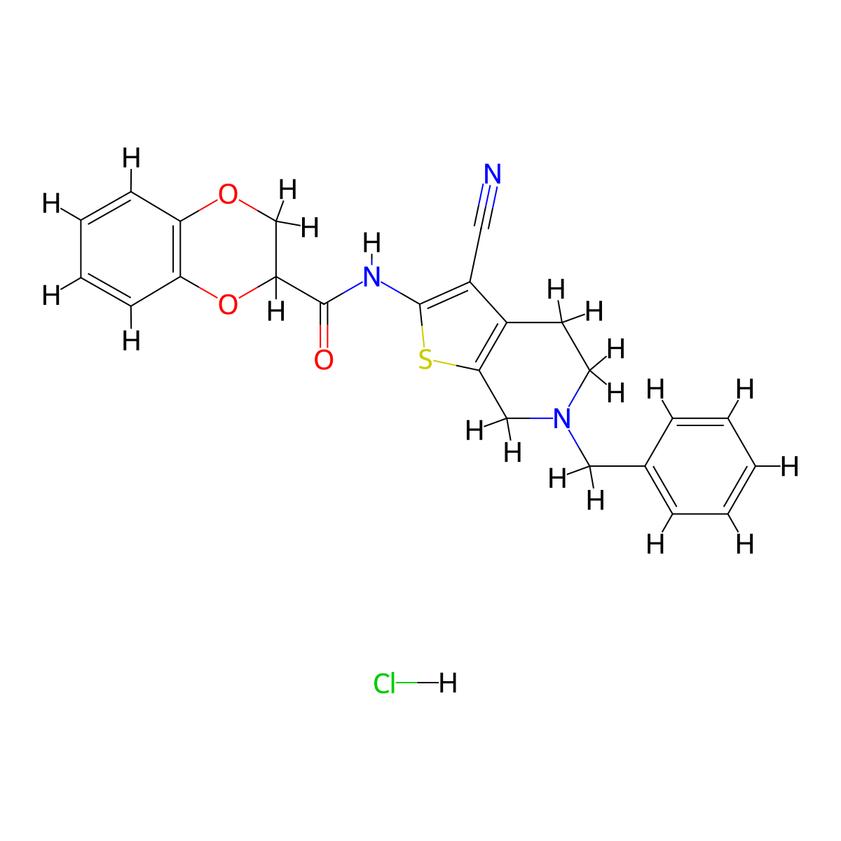 N-(6-benzyl-3-cyano-4,5,6,7-tetrahydrothieno[2,3-c]pyridin-2-yl)-2,3-dihydrobenzo[b][1,4]dioxine-2-carboxamide hydrochloride molecular structure, CAS 1216740-47-4