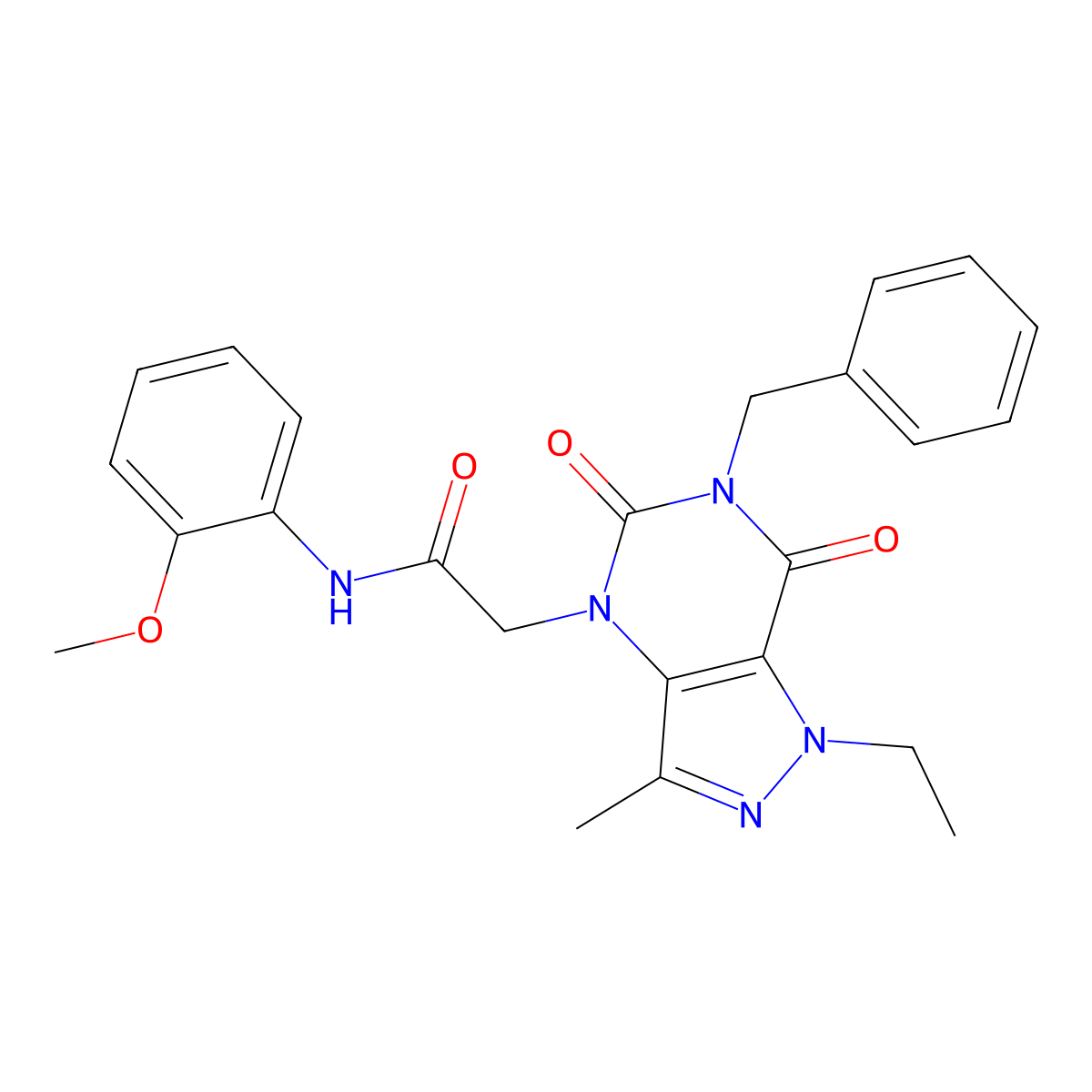 2-{6-benzyl-1-ethyl-3-methyl-5,7-dioxo-1H,4H,5H,6H,7H-pyrazolo[4,3-d]pyrimidin-4-yl}-N-(2-methoxyphenyl)acetamide molecular structure, CAS 1216742-73-2