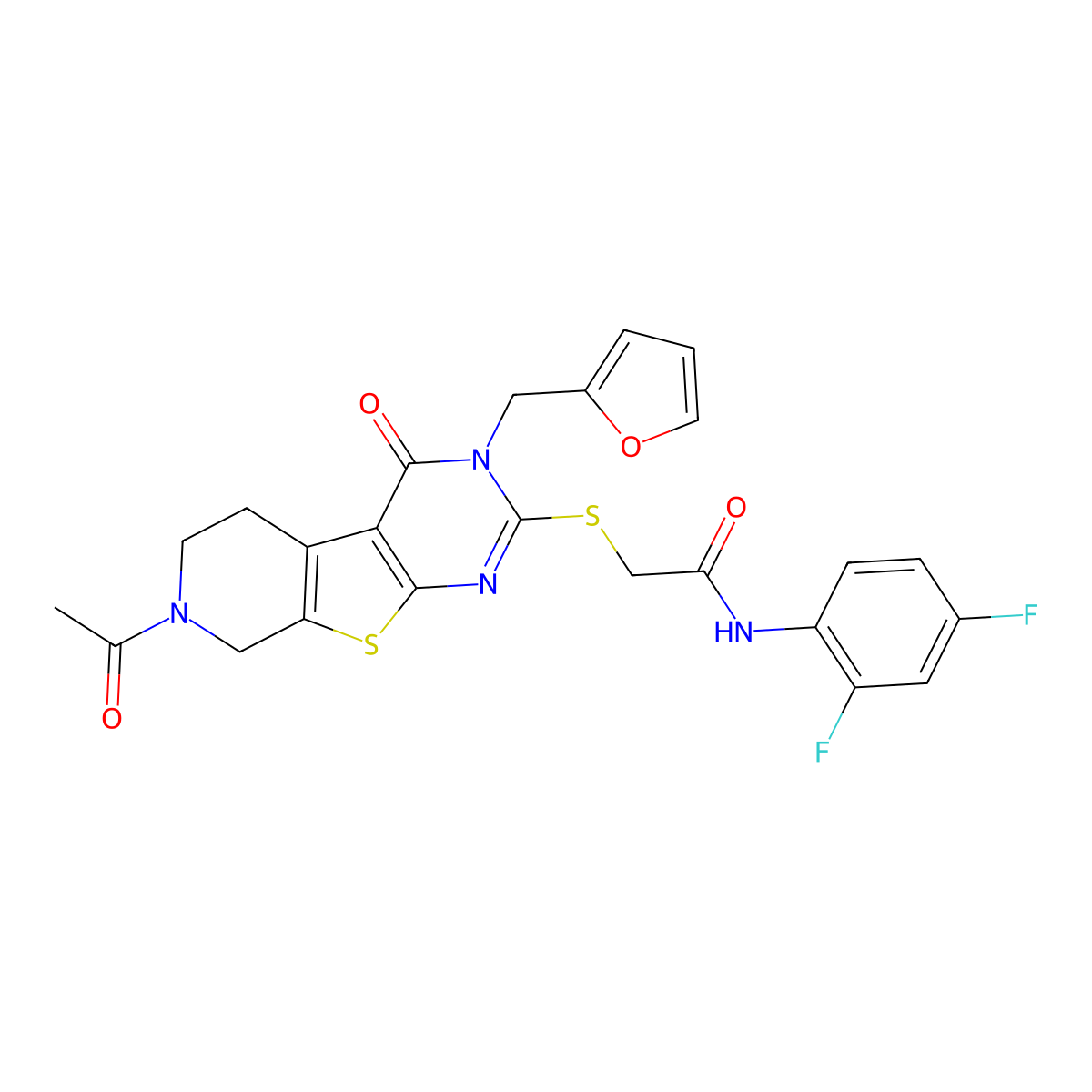 2-((7-acetyl-3-(furan-2-ylmethyl)-4-oxo-3,4,5,6,7,8-hexahydropyrido[4',3':4,5]thieno[2,3-d]pyrimidin-2-yl)thio)-N-(2,4-difluorophenyl)acetamide molecular structure, CAS 1216742-87-8