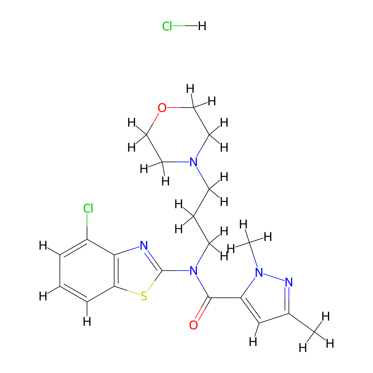 N-(4-chlorobenzo[d]thiazol-2-yl)-1,3-dimethyl-N-(3-morpholinopropyl)-1H-pyrazole-5-carboxamide hydrochloride molecular structure, CAS 1216747-22-6