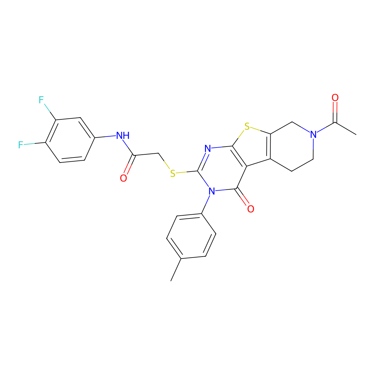 2-((7-acetyl-4-oxo-3-(p-tolyl)-3,4,5,6,7,8-hexahydropyrido[4',3':4,5]thieno[2,3-d]pyrimidin-2-yl)thio)-N-(3,4-difluorophenyl)acetamide molecular structure, CAS 1216750-64-9