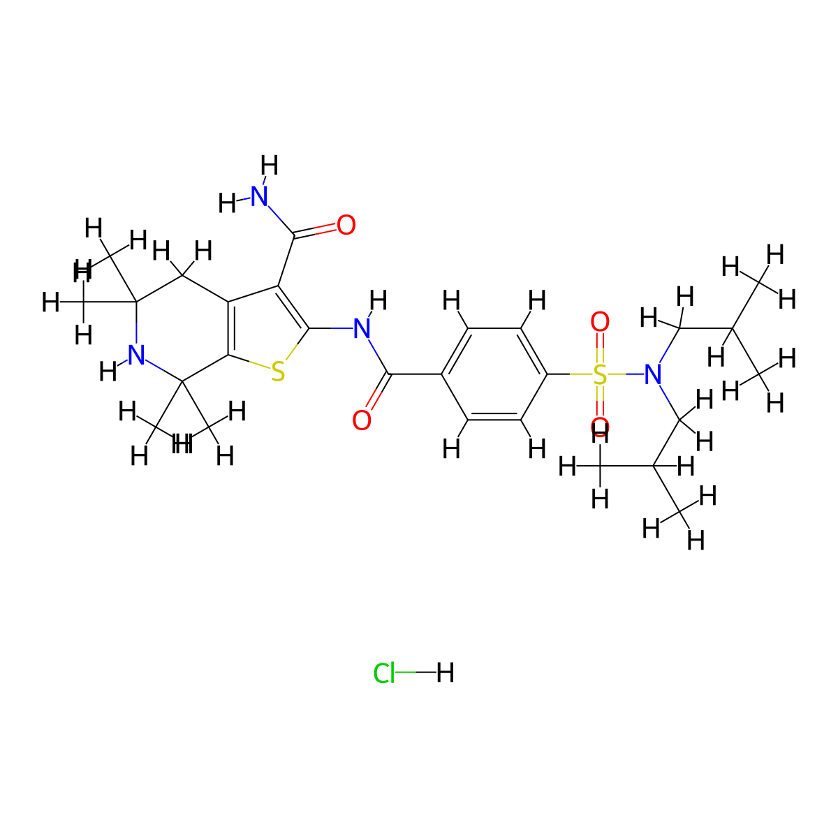 2-(4-(N,N-diisobutylsulfamoyl)benzamido)-5,5,7,7-tetramethyl-4,5,6,7-tetrahydrothieno[2,3-c]pyridine-3-carboxamide hydrochloride molecular structure, CAS 1216751-15-3