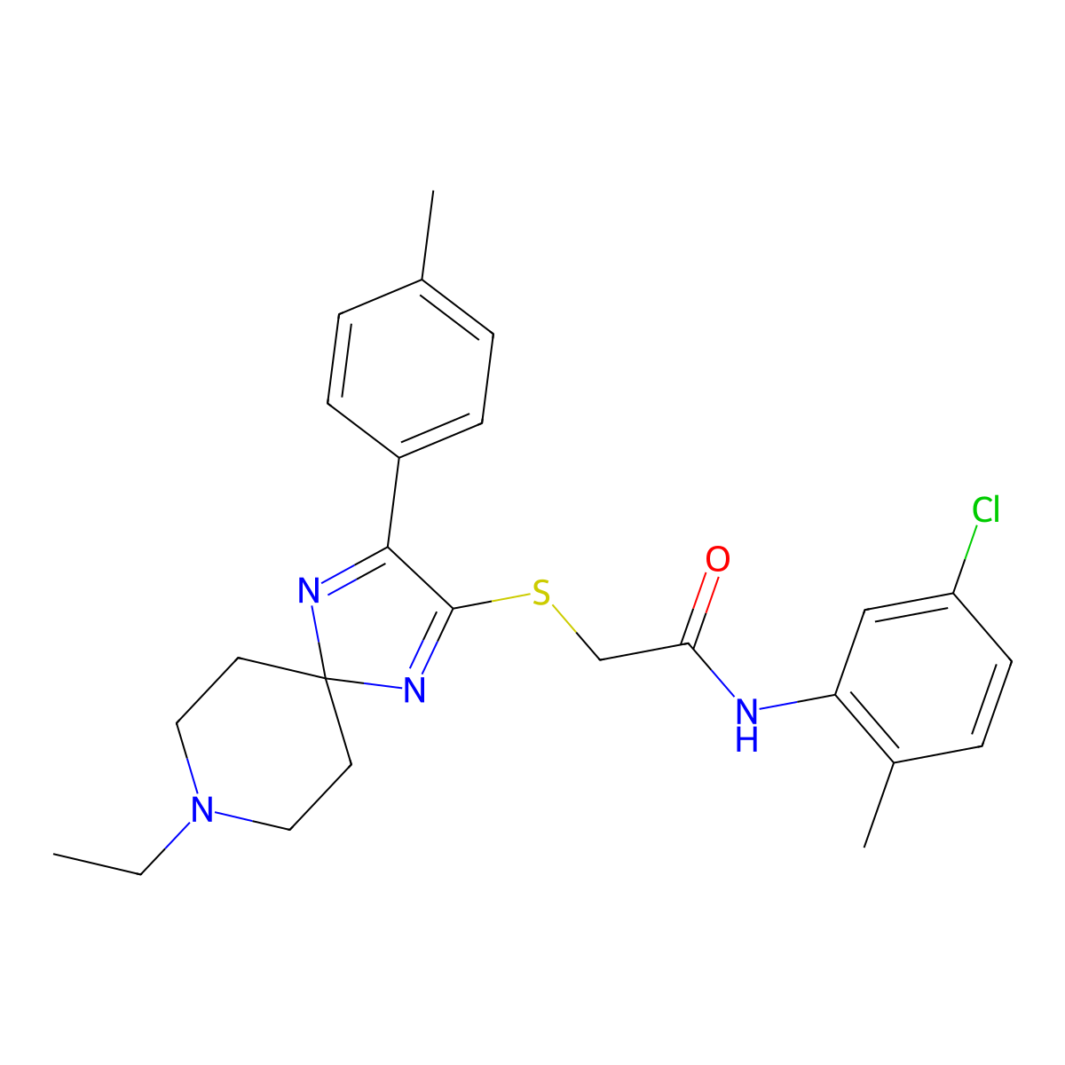 N-(5-chloro-2-methylphenyl)-2-((8-ethyl-3-(p-tolyl)-1,4,8-triazaspiro[4.5]deca-1,3-dien-2-yl)thio)acetamide molecular structure, CAS 1216751-54-0