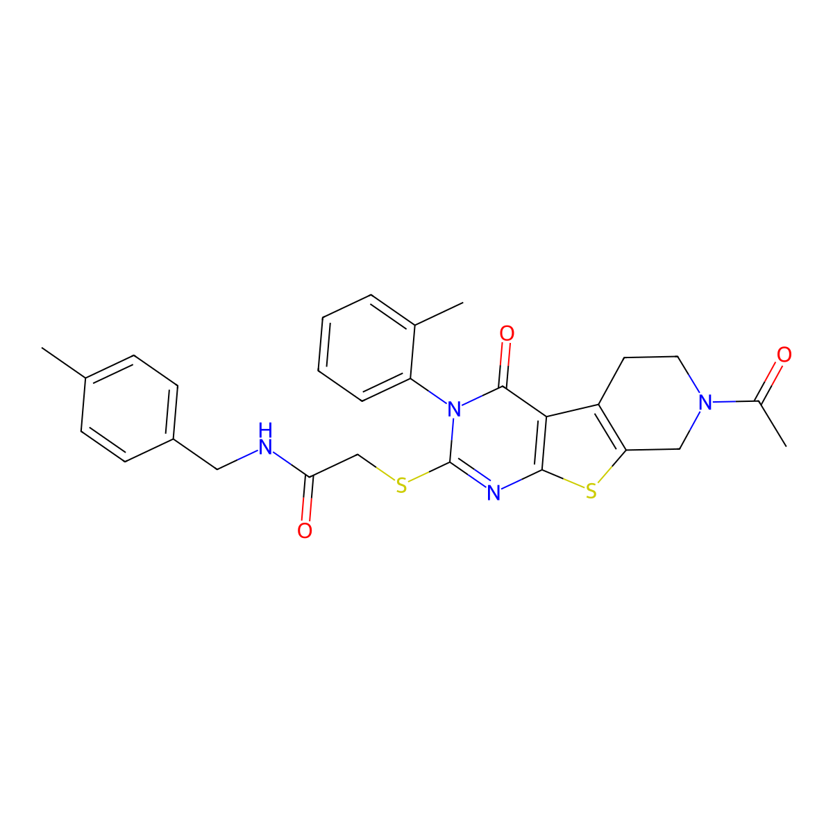 2-{[11-acetyl-4-(2-methylphenyl)-3-oxo-8-thia-4,6,11-triazatricyclo[7.4.0.0^{2,7}]trideca-1(9),2(7),5-trien-5-yl]sulfanyl}-N-[(4-methylphenyl)methyl]acetamide molecular structure, CAS 1216754-49-2