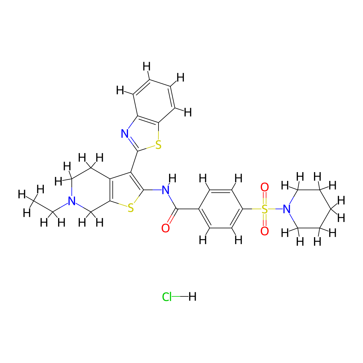 N-(3-(benzo[d]thiazol-2-yl)-6-ethyl-4,5,6,7-tetrahydrothieno[2,3-c]pyridin-2-yl)-4-(piperidin-1-ylsulfonyl)benzamide hydrochloride molecular structure, CAS 1216755-88-2