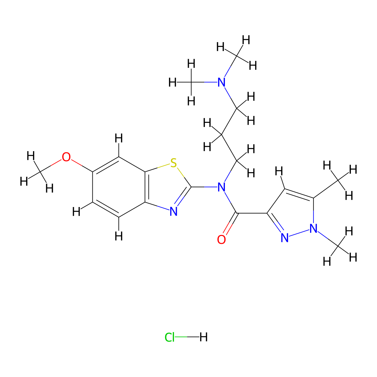 N-(3-(dimethylamino)propyl)-N-(6-methoxybenzo[d]thiazol-2-yl)-1,5-dimethyl-1H-pyrazole-3-carboxamide hydrochloride molecular structure, CAS 1216756-04-5