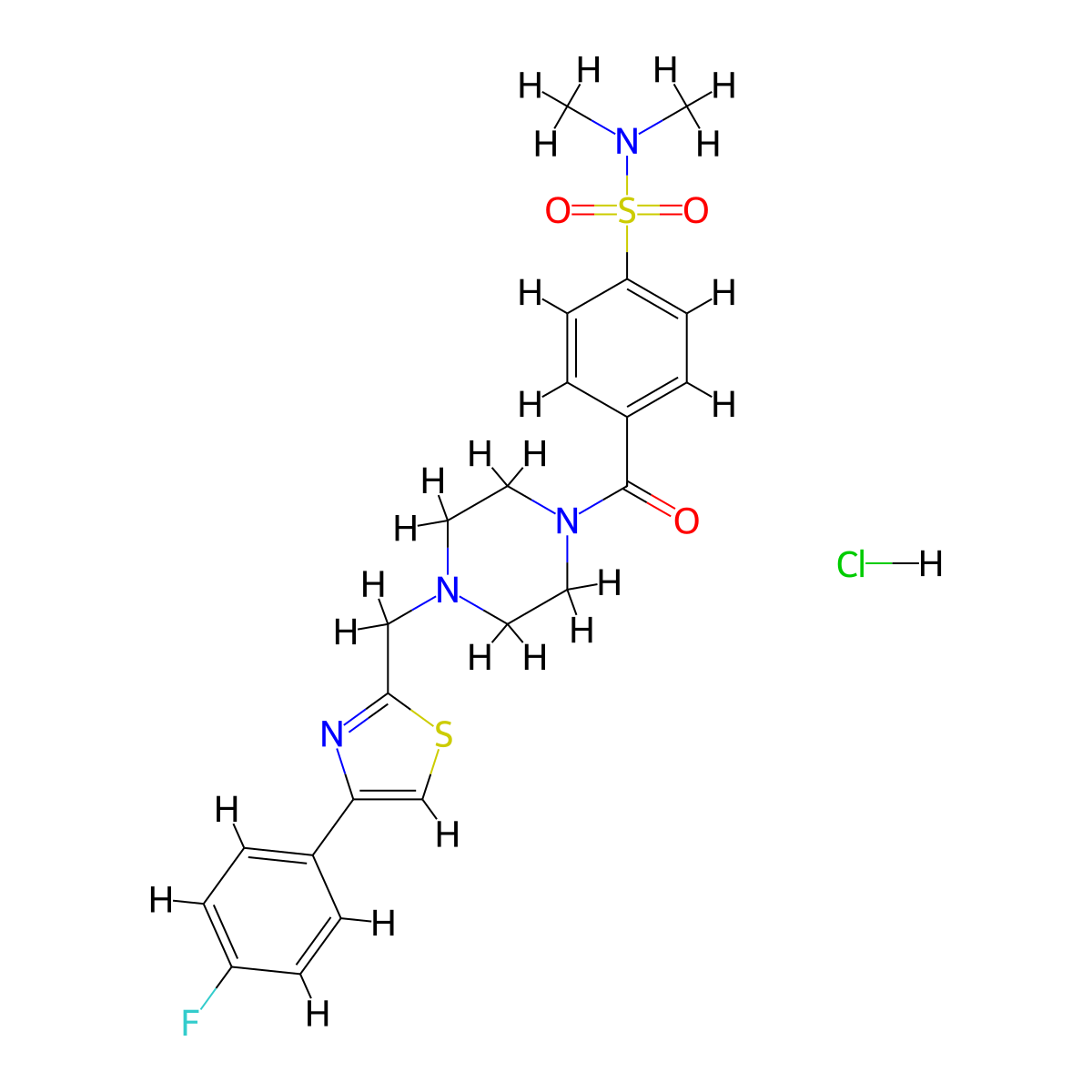 4-(4-((4-(4-fluorophenyl)thiazol-2-yl)methyl)piperazine-1-carbonyl)-N,N-dimethylbenzenesulfonamide hydrochloride molecular structure, CAS 1216756-23-8
